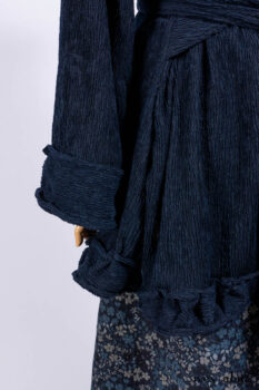 Gabled Shirt Jacket in Hudson Blue Silky Crinkled Weave; Gabled Frock in Hudson River Floral Jacquard; Cilla Slip Frock in Slate Washed Knit.