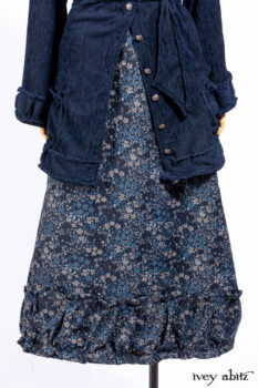 Gabled Shirt Jacket in Hudson Blue Silky Crinkled Weave; Gabled Frock in Hudson River Floral Jacquard; Cilla Slip Frock in Slate Washed Knit.