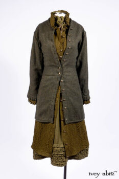 Mathilda Jacket in Central Park Herringbone; Mathilda Coat Dress in Central Park Puckered Weave; Holkham Hall Necktie in Central Park Embroidered Silk; Cape Frock in Central Park Washed Linen.