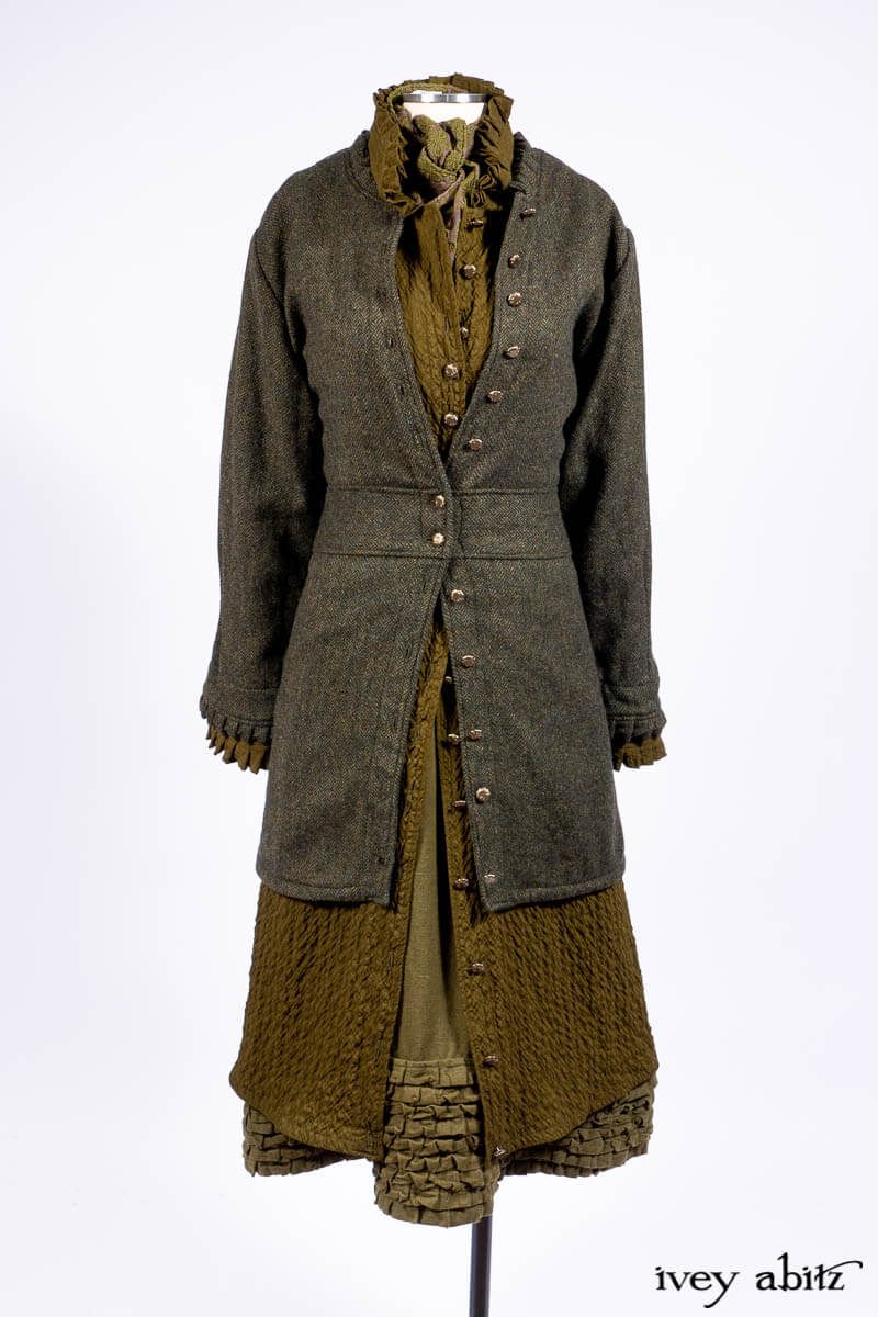 Mathilda Jacket in Central Park Herringbone; Mathilda Coat Dress in Central Park Puckered Weave; Holkham Hall Necktie in Central Park Embroidered Silk; Cape Frock in Central Park Washed Linen.