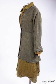 Mathilda Jacket in Central Park Herringbone; Mathilda Coat Dress in Central Park Puckered Weave; Holkham Hall Necktie in Central Park Embroidered Silk; Cape Frock in Central Park Washed Linen.