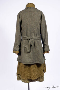 Mathilda Jacket in Central Park Herringbone; Mathilda Coat Dress in Central Park Puckered Weave; Holkham Hall Necktie in Central Park Embroidered Silk; Cape Frock in Central Park Washed Linen.