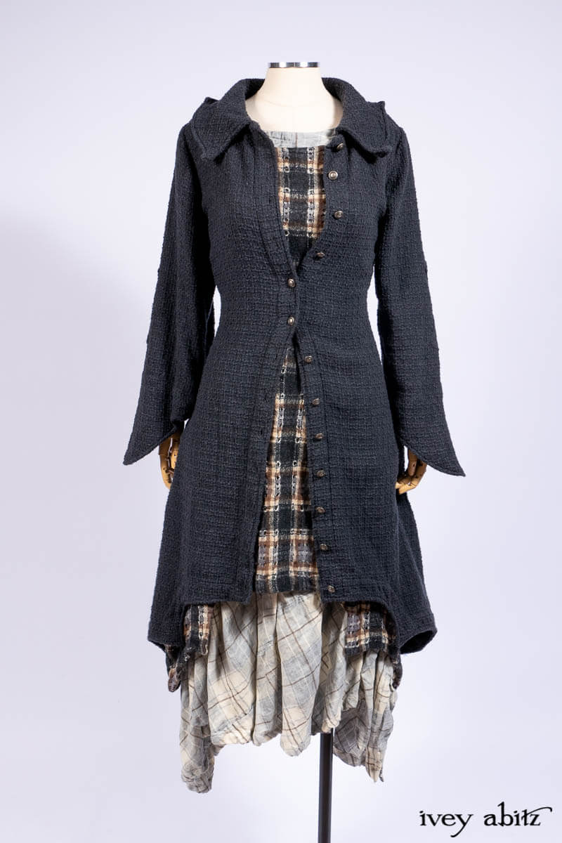 Chittister Duster Coat in Slate Embroidered Windowpane Weave; Chittister Frock in Slate and Brownstone Plaid Wool; Fairholme Frock in Slate Plaid Twill; Cilla Slip Frock in Slate Washed Knit.