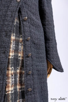 Chittister Duster Coat in Slate Embroidered Windowpane Weave; Chittister Frock in Slate and Brownstone Plaid Wool; Chittister Frock in Slate Plaid Twill; Cilla Slip Frock in Slate Washed Knit.