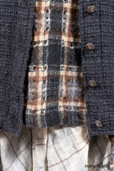 Chittister Duster Coat in Slate Embroidered Windowpane Weave; Chittister Frock in Slate and Brownstone Plaid Wool; Chittister Frock in Slate Plaid Twill; Cilla Slip Frock in Slate Washed Knit.