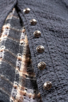 Chittister Duster Coat in Slate Embroidered Windowpane Weave; Chittister Frock in Slate and Brownstone Plaid Wool; Chittister Frock in Slate Plaid Twill; Cilla Slip Frock in Slate Washed Knit.