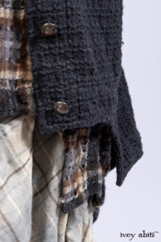 Chittister Duster Coat in Slate Embroidered Windowpane Weave; Chittister Frock in Slate and Brownstone Plaid Wool; Chittister Frock in Slate Plaid Twill; Cilla Slip Frock in Slate Washed Knit.