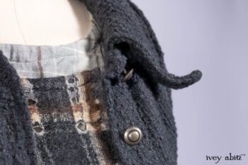 Chittister Duster Coat in Slate Embroidered Windowpane Weave; Chittister Frock in Slate and Brownstone Plaid Wool; Chittister Frock in Slate Plaid Twill; Cilla Slip Frock in Slate Washed Knit.