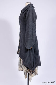 Chittister Duster Coat in Slate Embroidered Windowpane Weave; Chittister Frock in Slate and Brownstone Plaid Wool; Chittister Frock in Slate Plaid Twill; Cilla Slip Frock in Slate Washed Knit.