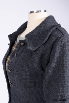 Chittister Duster Coat in Slate Embroidered Windowpane Weave; Chittister Frock in Slate and Brownstone Plaid Wool; Chittister Frock in Slate Plaid Twill; Cilla Slip Frock in Slate Washed Knit.
