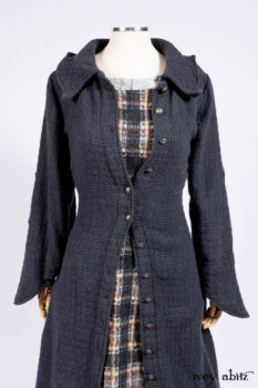 Chittister Duster Coat in Slate Embroidered Windowpane Weave; Chittister Frock in Slate and Brownstone Plaid Wool; Chittister Frock in Slate Plaid Twill; Cilla Slip Frock in Slate Washed Knit.