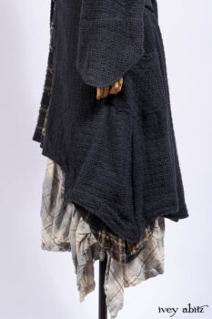 Chittister Duster Coat in Slate Embroidered Windowpane Weave; Chittister Frock in Slate and Brownstone Plaid Wool; Chittister Frock in Slate Plaid Twill; Cilla Slip Frock in Slate Washed Knit.