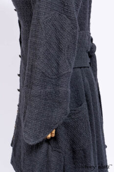 Chittister Duster Coat in Slate Embroidered Windowpane Weave; Chittister Frock in Slate and Brownstone Plaid Wool; Chittister Frock in Slate Plaid Twill; Cilla Slip Frock in Slate Washed Knit.