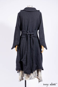 Chittister Duster Coat in Slate Embroidered Windowpane Weave; Chittister Frock in Slate and Brownstone Plaid Wool; Chittister Frock in Slate Plaid Twill; Cilla Slip Frock in Slate Washed Knit.