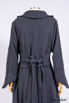 Chittister Duster Coat in Slate Embroidered Windowpane Weave; Chittister Frock in Slate and Brownstone Plaid Wool; Chittister Frock in Slate Plaid Twill; Cilla Slip Frock in Slate Washed Knit.