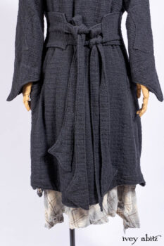 Chittister Duster Coat in Slate Embroidered Windowpane Weave; Chittister Frock in Slate and Brownstone Plaid Wool; Chittister Frock in Slate Plaid Twill; Cilla Slip Frock in Slate Washed Knit.