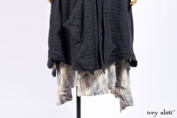 Chittister Duster Coat in Slate Embroidered Windowpane Weave; Chittister Frock in Slate and Brownstone Plaid Wool; Chittister Frock in Slate Plaid Twill; Cilla Slip Frock in Slate Washed Knit.