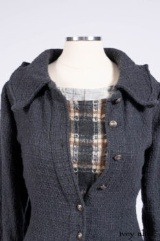 Chittister Duster Coat in Slate Embroidered Windowpane Weave; Chittister Frock in Slate and Brownstone Plaid Wool; Chittister Frock in Slate Plaid Twill; Cilla Slip Frock in Slate Washed Knit.