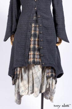 Chittister Duster Coat in Slate Embroidered Windowpane Weave; Chittister Frock in Slate and Brownstone Plaid Wool; Chittister Frock in Slate Plaid Twill; Cilla Slip Frock in Slate Washed Knit.