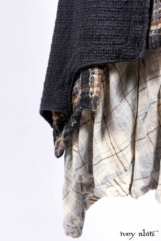 Chittister Duster Coat in Slate Embroidered Windowpane Weave; Chittister Frock in Slate and Brownstone Plaid Wool; Chittister Frock in Slate Plaid Twill; Cilla Slip Frock in Slate Washed Knit.