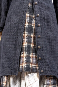 Chittister Duster Coat in Slate Embroidered Windowpane Weave; Chittister Frock in Slate and Brownstone Plaid Wool; Chittister Frock in Slate Plaid Twill; Cilla Slip Frock in Slate Washed Knit.