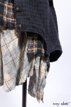 Chittister Duster Coat in Slate Embroidered Windowpane Weave; Chittister Frock in Slate and Brownstone Plaid Wool; Chittister Frock in Slate Plaid Twill; Cilla Slip Frock in Slate Washed Knit.