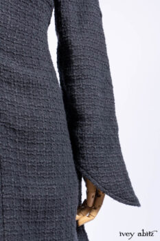 Chittister Duster Coat in Slate Embroidered Windowpane Weave; Chittister Frock in Slate and Brownstone Plaid Wool; Chittister Frock in Slate Plaid Twill; Cilla Slip Frock in Slate Washed Knit.