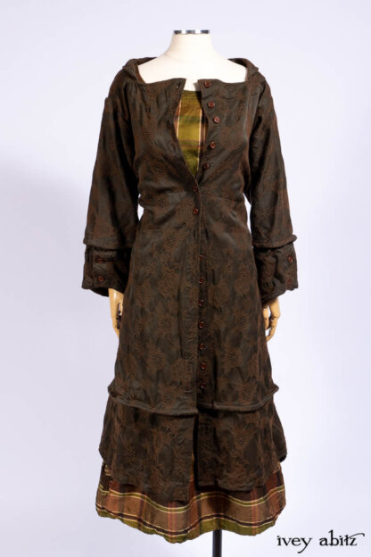 Harrison Duster Coat in Brownstone Crewel Work Weave; Harrison Frock in Cenral Park Brownstone Plaid Silk; Cilla Slip Frock in Signature Black Washed Knit.