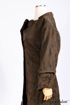 Harrison Duster Coat in Brownstone Crewel Work Weave; Harrison Frock in Cenral Park Brownstone Plaid Silk; Cilla Slip Frock in Signature Black Washed Knit.