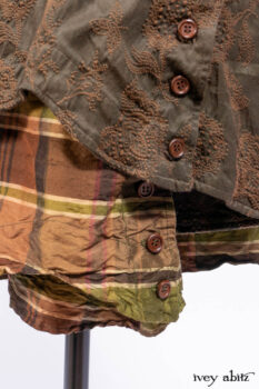 Harrison Duster Coat in Brownstone Crewel Work Weave; Harrison Frock in Cenral Park Brownstone Plaid Silk; Cilla Slip Frock in Signature Black Washed Knit.