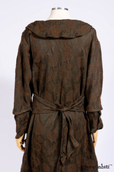 Harrison Duster Coat in Brownstone Crewel Work Weave; Harrison Frock in Cenral Park Brownstone Plaid Silk; Cilla Slip Frock in Signature Black Washed Knit.