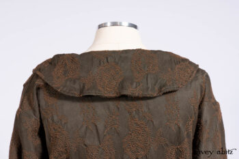 Harrison Duster Coat in Brownstone Crewel Work Weave; Harrison Frock in Cenral Park Brownstone Plaid Silk; Cilla Slip Frock in Signature Black Washed Knit.