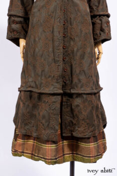 Harrison Duster Coat in Brownstone Crewel Work Weave; Harrison Frock in Cenral Park Brownstone Plaid Silk; Cilla Slip Frock in Signature Black Washed Knit.