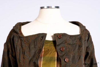 Harrison Duster Coat in Brownstone Crewel Work Weave; Harrison Frock in Cenral Park Brownstone Plaid Silk; Cilla Slip Frock in Signature Black Washed Knit.