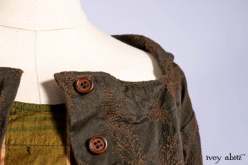 Harrison Duster Coat in Brownstone Crewel Work Weave; Harrison Frock in Cenral Park Brownstone Plaid Silk; Cilla Slip Frock in Signature Black Washed Knit.