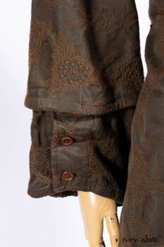 Harrison Duster Coat in Brownstone Crewel Work Weave; Harrison Frock in Cenral Park Brownstone Plaid Silk; Cilla Slip Frock in Signature Black Washed Knit.