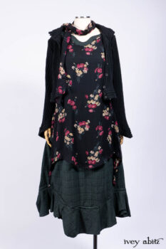 Nook Jacket in Mansard Roof Stripe Boucl&eacute; Knit; Nook Frock in Riverside Floral Silk Chiffon; Clotaire Sash in Riverside Floral Silk Chiffon; Inglenook Frock in Riverside Plaid Cotton.