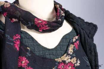 Nook Jacket in Mansard Roof Stripe Boucl&eacute; Knit; Nook Frock in Riverside Floral Silk Chiffon; Clotaire Sash in Riverside Floral Silk Chiffon; Inglenook Frock in Riverside Plaid Cotton.
