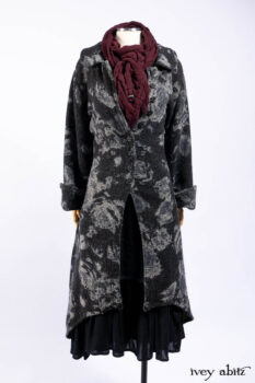 Monceau Duster Coat in Mansard Roof Washed Floral Woolen Weave; Baedeker Scarf in Apple Washed Crinkled Weave; Blanchfleur Dress in Mansard Roof Washed Weave; Cilla Slip Frock in Signature Black Washed Knit.