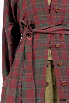 Pierrepont Shirt in Brooklyn Washed Plaid Silk; Limited Edition Clotaire Sash in Central Park Plaid Silk; Cape Frock in Central Park Washed Linen; Cilla Slip Frock in Signature Black Ribbed Knit.