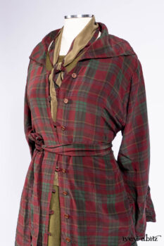 Pierrepont Shirt in Brooklyn Washed Plaid Silk; Limited Edition Clotaire Sash in Central Park Plaid Silk; Cape Frock in Central Park Washed Linen; Cilla Slip Frock in Signature Black Ribbed Knit.