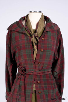 Pierrepont Shirt in Brooklyn Washed Plaid Silk; Limited Edition Clotaire Sash in Central Park Plaid Silk; Cape Frock in Central Park Washed Linen; Cilla Slip Frock in Signature Black Ribbed Knit.