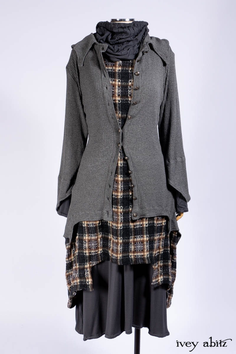 Chittister Shirt Jacket in Slate Ribbed Knit; Chittister Frock in Slate and Brownstone Plaid Wool; Elliot Dress in Slate Washed Knit; Lydia Neck Wrap and Lydia Arm Sleeves in Slate Washed Knit.