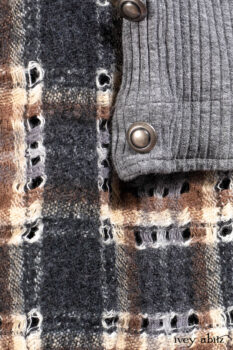 Chittister Shirt Jacket in Slate Ribbed Knit; Chittister Frock in Slate and Brownstone Plaid Wool; Elliot Dress in Slate Washed Knit; Lydia Neck Wrap and Lydia Arm Sleeves in Slate Washed Knit.
