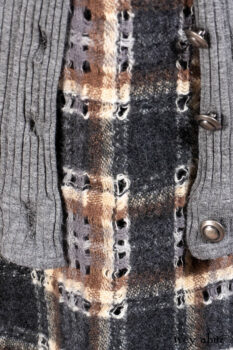 Chittister Shirt Jacket in Slate Ribbed Knit; Chittister Frock in Slate and Brownstone Plaid Wool; Elliot Dress in Slate Washed Knit; Lydia Neck Wrap and Lydia Arm Sleeves in Slate Washed Knit.