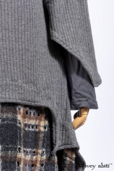 Chittister Shirt Jacket in Slate Ribbed Knit; Chittister Frock in Slate and Brownstone Plaid Wool; Elliot Dress in Slate Washed Knit; Lydia Neck Wrap and Lydia Arm Sleeves in Slate Washed Knit.