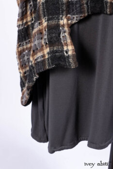 Chittister Shirt Jacket in Slate Ribbed Knit; Chittister Frock in Slate and Brownstone Plaid Wool; Elliot Dress in Slate Washed Knit; Lydia Neck Wrap and Lydia Arm Sleeves in Slate Washed Knit.