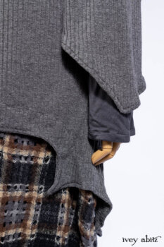 Chittister Shirt Jacket in Slate Ribbed Knit; Chittister Frock in Slate and Brownstone Plaid Wool; Elliot Dress in Slate Washed Knit; Lydia Neck Wrap and Lydia Arm Sleeves in Slate Washed Knit.