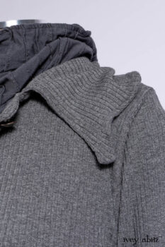 Chittister Shirt Jacket in Slate Ribbed Knit; Chittister Frock in Slate and Brownstone Plaid Wool; Elliot Dress in Slate Washed Knit; Lydia Neck Wrap and Lydia Arm Sleeves in Slate Washed Knit.