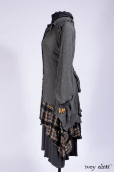 Chittister Shirt Jacket in Slate Ribbed Knit; Chittister Frock in Slate and Brownstone Plaid Wool; Elliot Dress in Slate Washed Knit; Lydia Neck Wrap and Lydia Arm Sleeves in Slate Washed Knit.